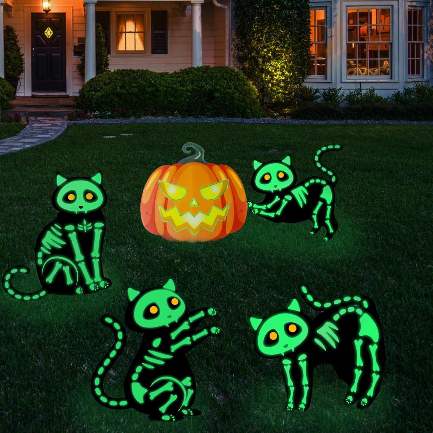 Yard Signs - Glow in the Dark Halloween Yard Signs Decorations, 4 Halloween Black Cat Skeleton Scary Decor and 1 Pumpkin Yard Stakes Halloween Outdoor Decorations for Garden Patio Lawn Graveyard Party Supplies