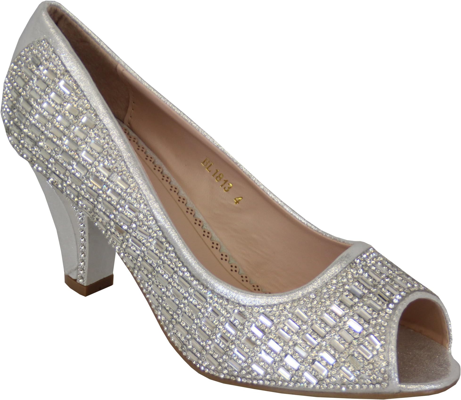 Sandal House Ladies Peep Toe Womens Sandals Mid Heel Diamante Bridesmaid Slip On Wedding