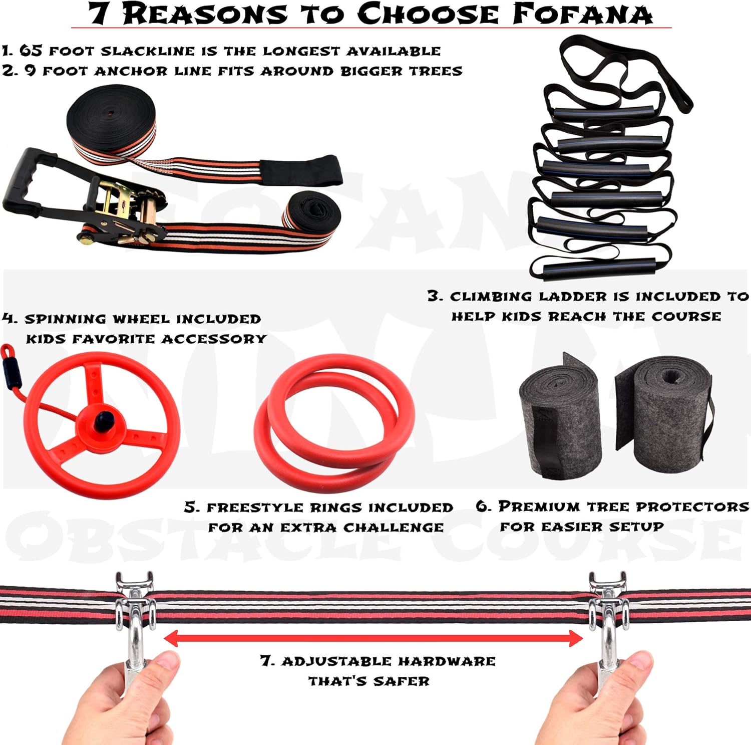 Fofana Ninja Warrior Obstacle Course for Kids - 65' Longest Ninja Slackline | 9 Awesome Obstacles | Play Outside + Have Fun + Get Stronger | Ninja Line Monkey Bars: Toys & Games