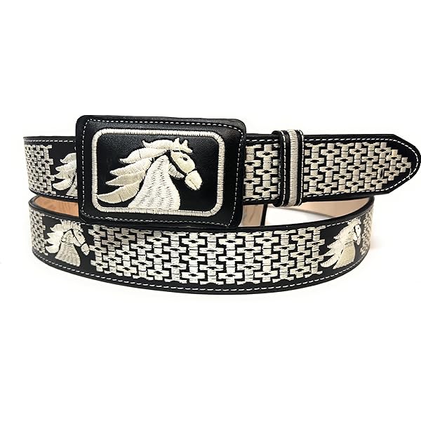 Ceinture Western Brodée Main - Piteado - Taille 42 - Cuir Noir - Mexique