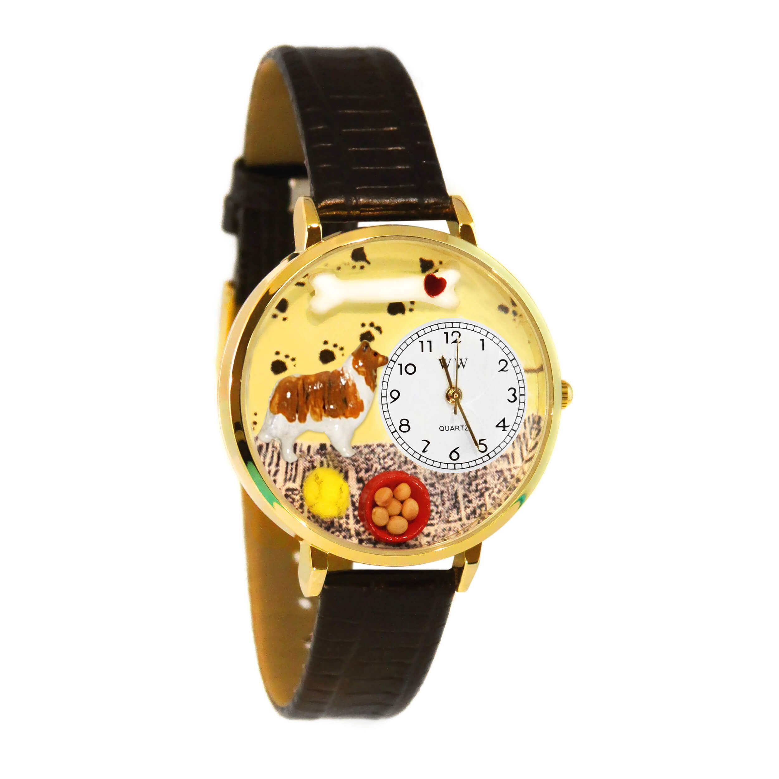 Whimsical Watches Collie Black Skin Leather and Goldtone Unisex Quartz Watch with White Dial Analogue Display and Multicolour Leather Strap G-0130004