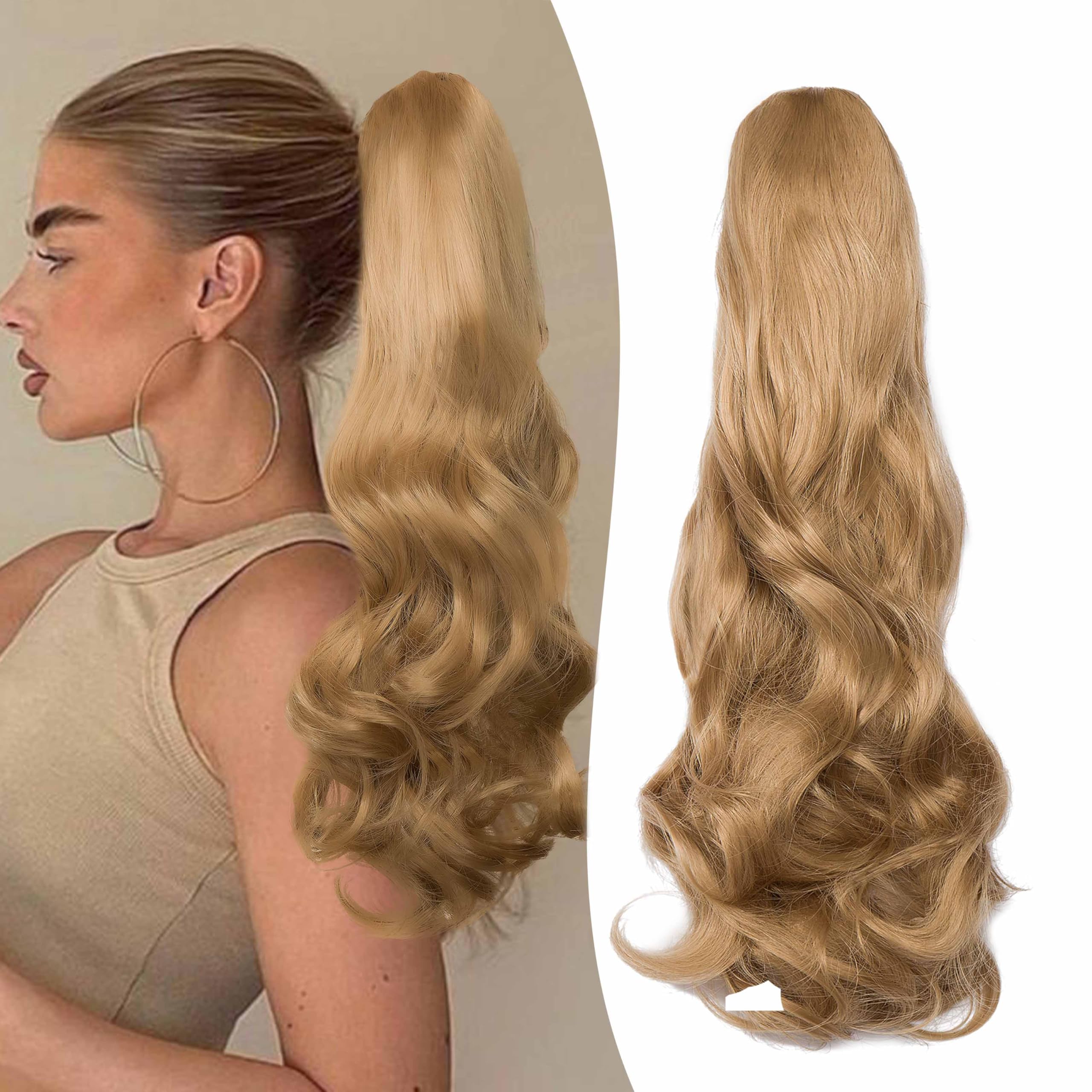 Gairyan 20inch Ponytail Extension Clip in Ponytail Hair Extensions Curly Wavy Pony Tails Claw on Ponytail Long Wave Synthetic Hairpieces for Women Soft Real Look (Dark Blonde)
