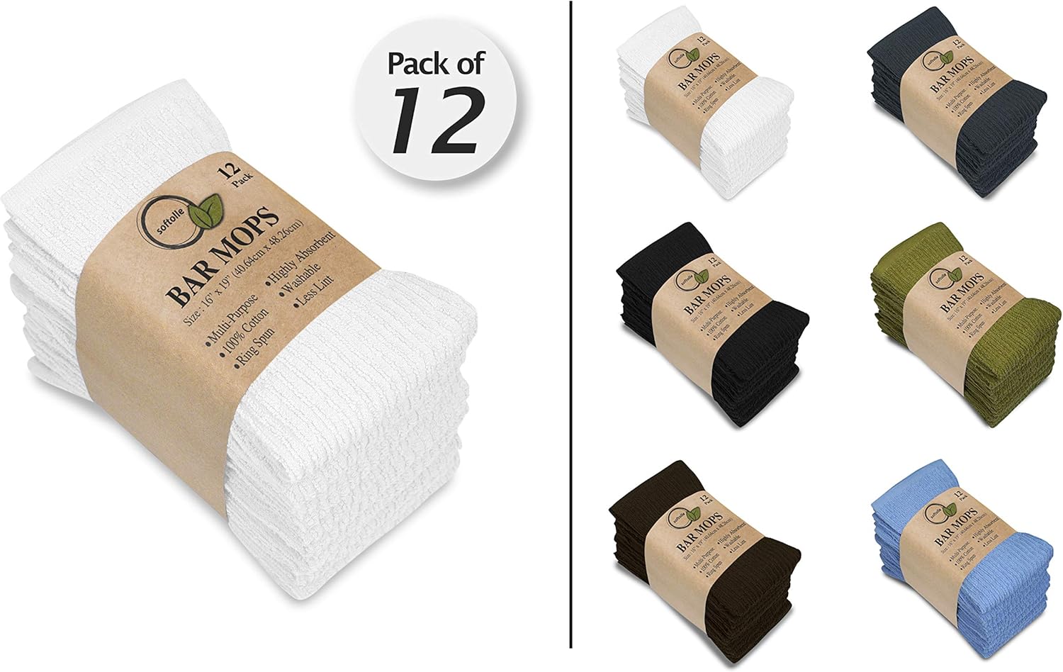 Softolle Kitchen Towels, Pack of 12 Bar Mop Towels -16x19 Inches -100% Cotton White Towels - Super Absorbent Bar Towels, Multi-Purpose for Home, Kitchen and Bar Cleaning (White): Home & Kitchen