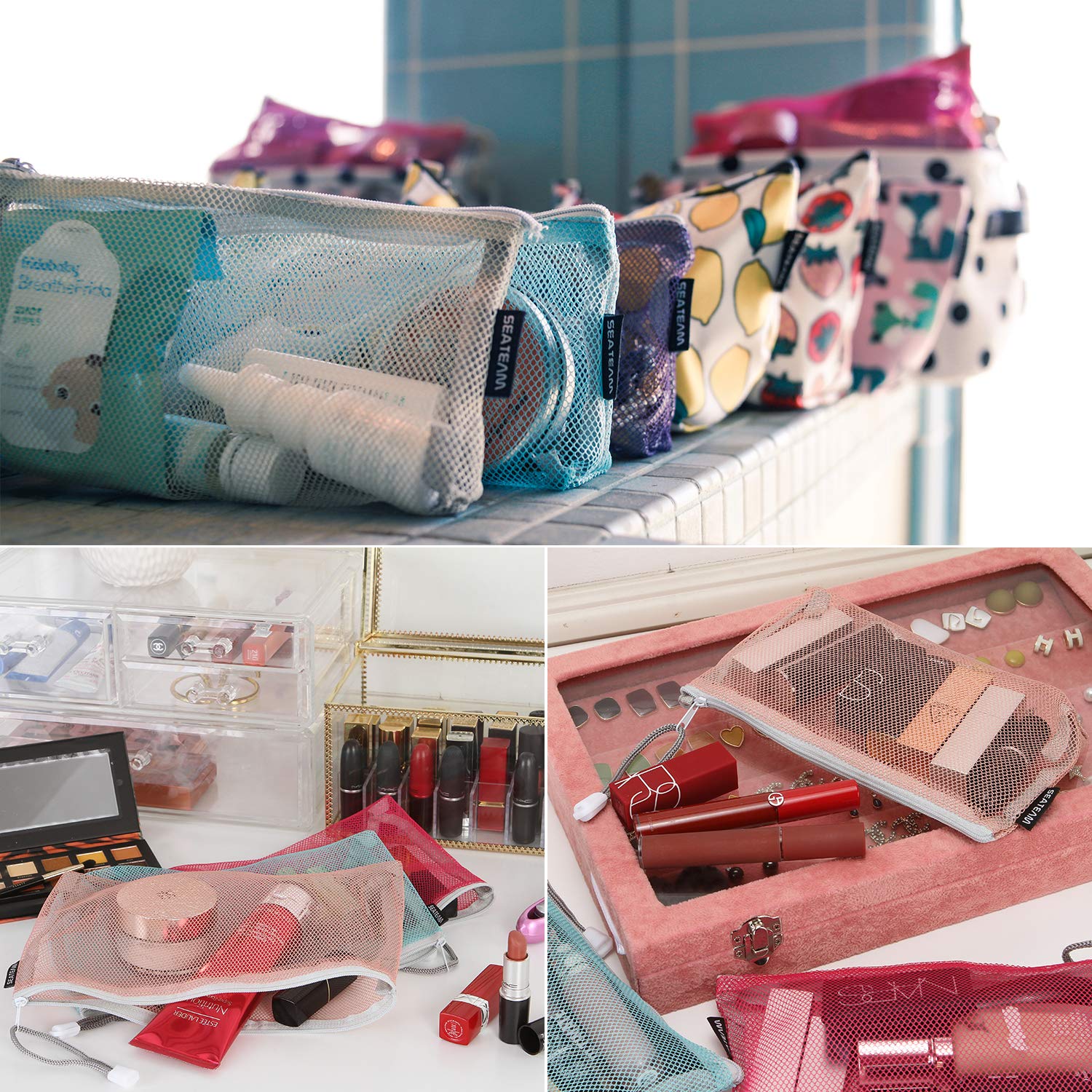 Sea Team 6pcs Multicolored Portable Travel Toiletry Pouch Nylon Mesh Cosmetic Makeup Organizer Bag with Zipper : Beauty