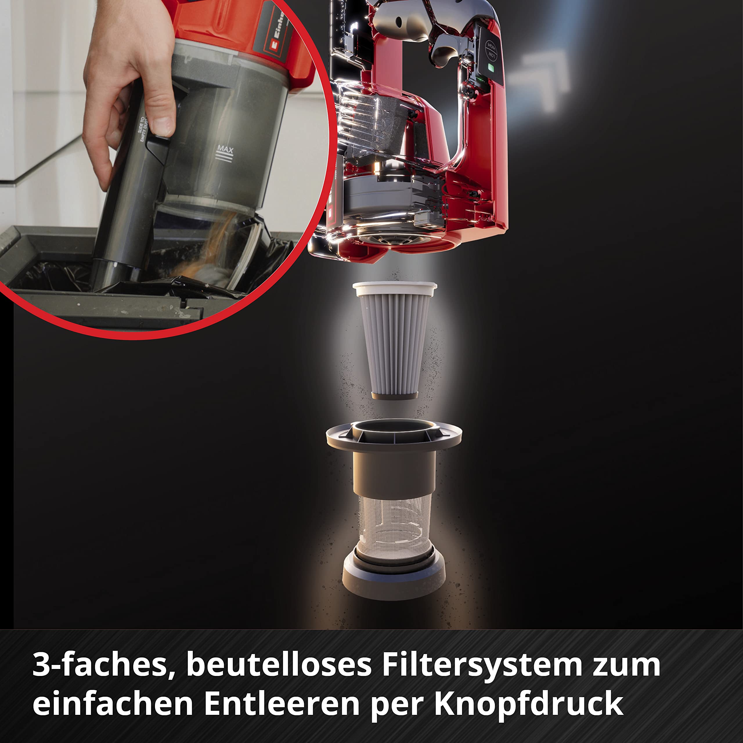 Einhell Akku-Stielstaubsauger TE-SV 18 Li-Solo Power X-Change (Li-Ion, 18V, unbegrenzte Laufzeit Dank Wechselakku-System, beutellos, Zyklontechnologie, Boost-Mode, 3-Fach Filtersystem) 8