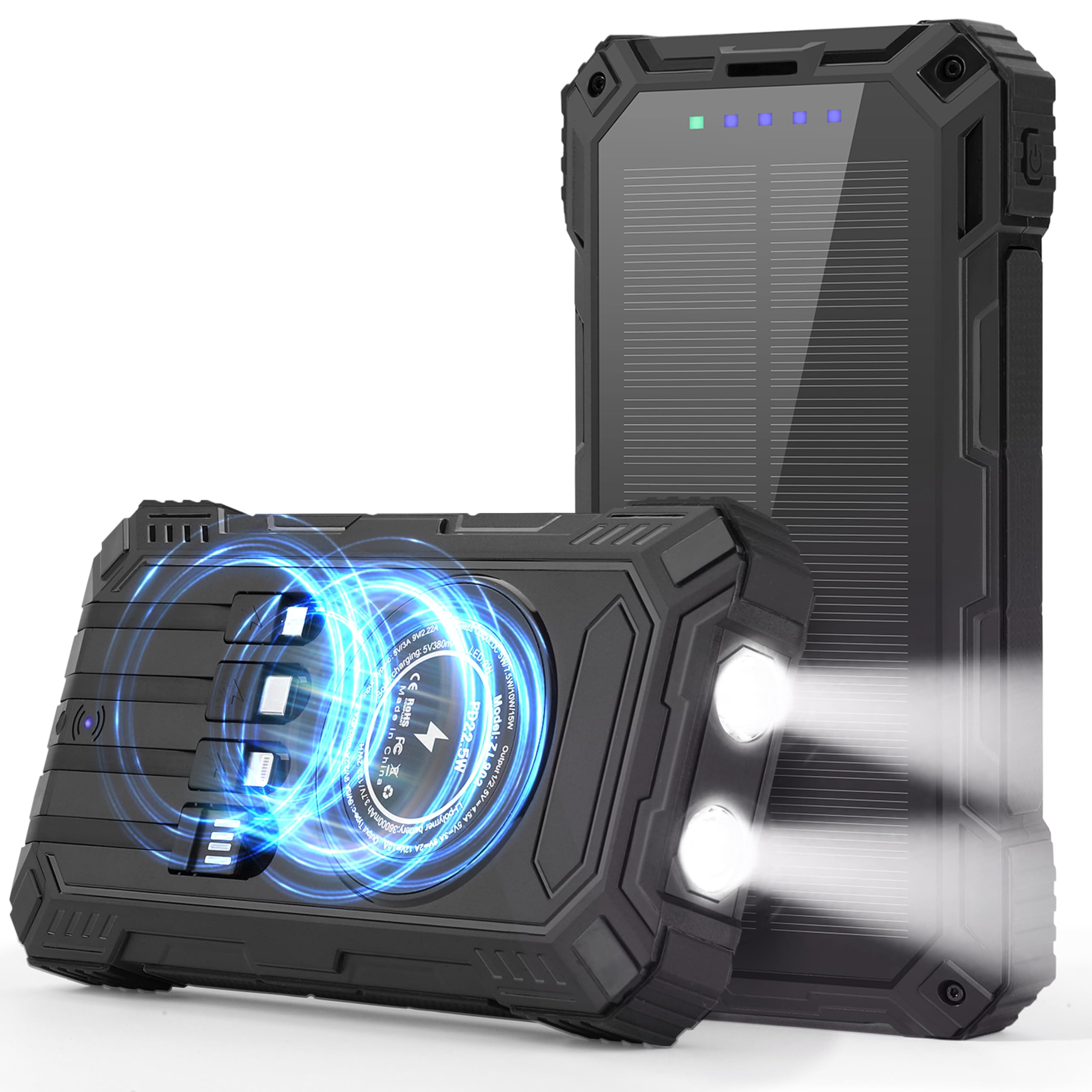 Photo 1 of Solar Charger Power Bank,36000mAh Portable Wireless Charger with USB-C in/Output,15W Fast Charging External Battery Pack Built in 4 Cables,Three Inputs Phone Portable Charger (Black, 36000mAh)