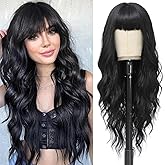 MINLEE Black Wig with Bangs for Women 26 Inch Long Wavy Wig Natural Black Hair Wigs Heat Resistant Synthetic Wig for Daily Party Use