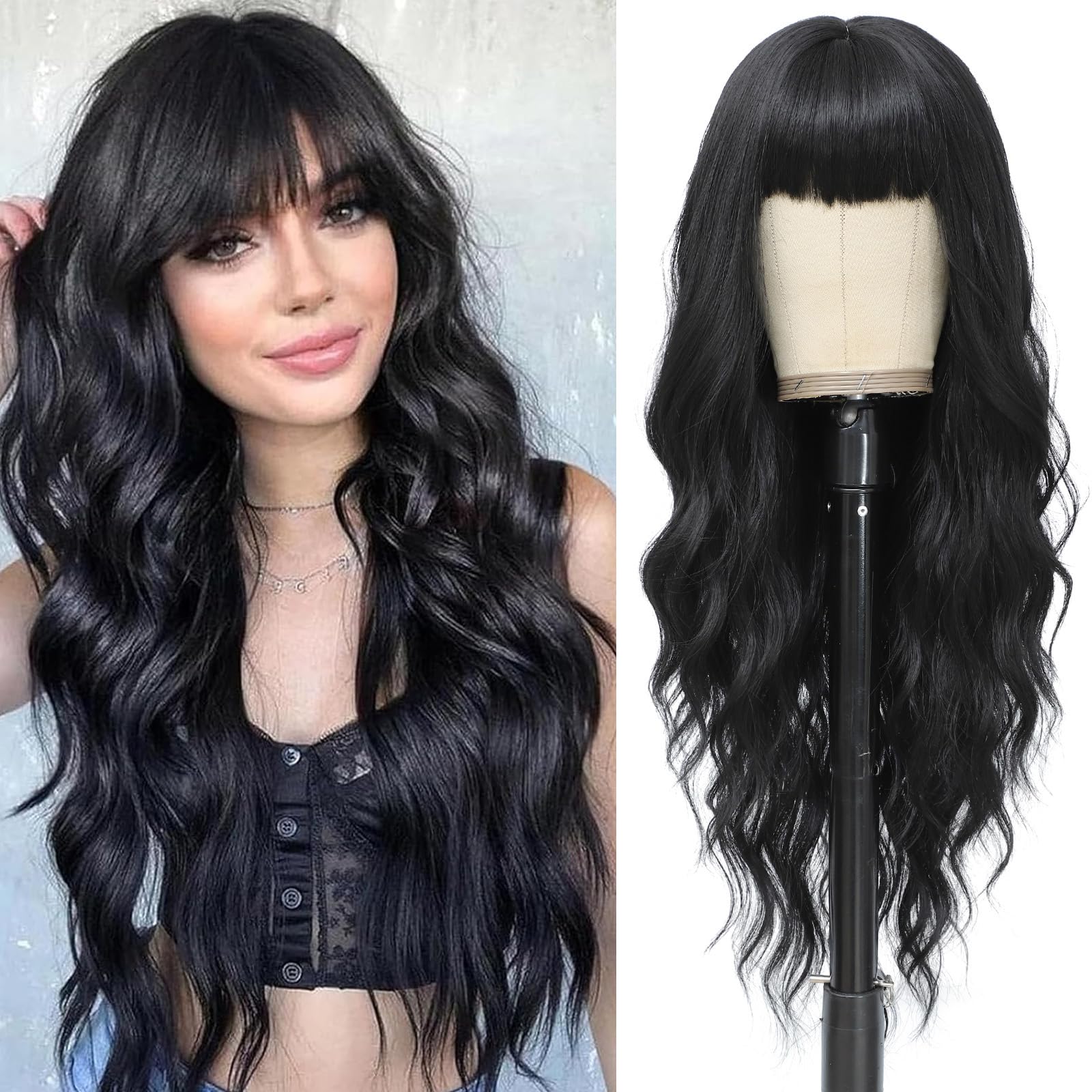 Photo 1 of MINLEE Black Wig with Bangs for Women 26 Inch Long Wavy Wig Natural Black Hair Wigs Heat Resistant Synthetic Wig for Daily Party Use