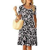 LILBETTER Round Neck Knee Length Dress for Women with Pockets Casual Summer Short Sleeve Pleated Ruffle Hem Short Dress