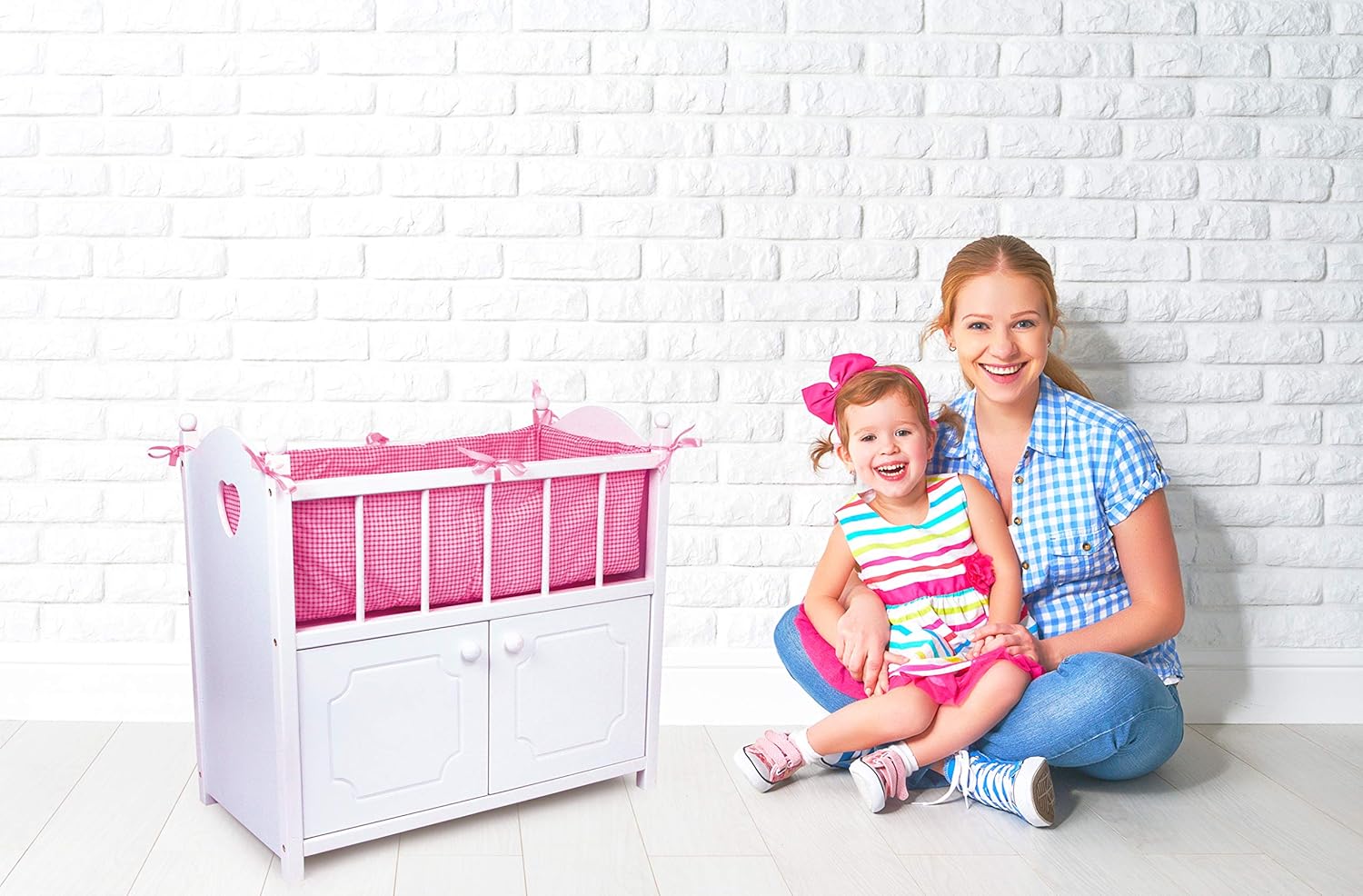 small foot 2875 Doll's bed with cupboard made of wood, Doll's bed made of white wood with pink border, from 3 years old - Image 5