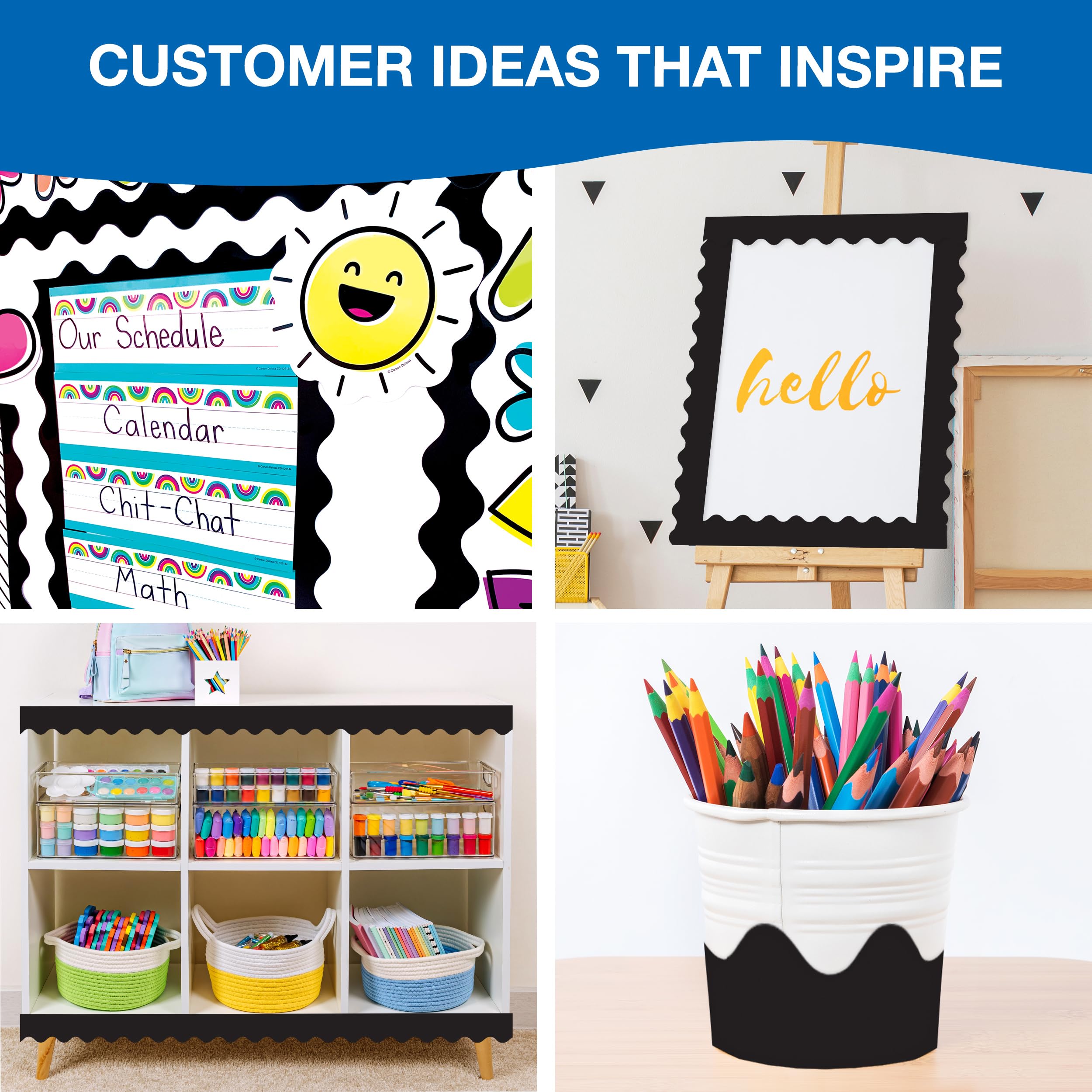 Carson Dellosa 65Ft of Black Bulletin Board Borders, 1 Roll of Scalloped Trim for Rolling Whiteboard, Cork and Posterboard, Party, Office Decorations, and Classroom Decor