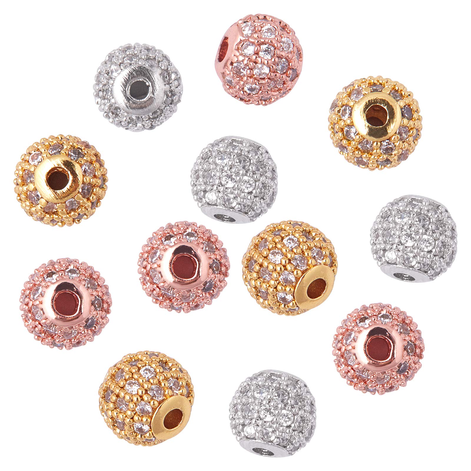 NBEADS 12 Pcs Round Brass Zirconia Beads, 6mm Micro Pave Cubic Zirconia Ball Spacer Beads for Jewelry Making