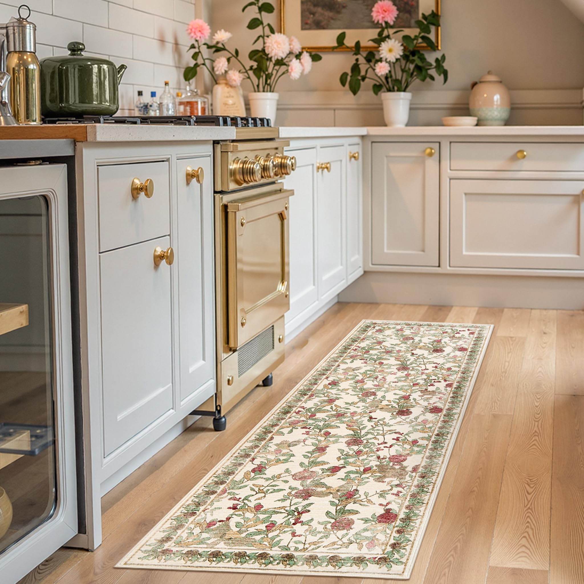 Photo 1 of jinchan Floral Washable Runner Rug 2x6 Vintage Hallway Rug Non-Slip Lightweight Soft Thin Kitchen Low Pile Distressed Red Green Carpet for Bathroom Laundry Room Bedroom Entryway