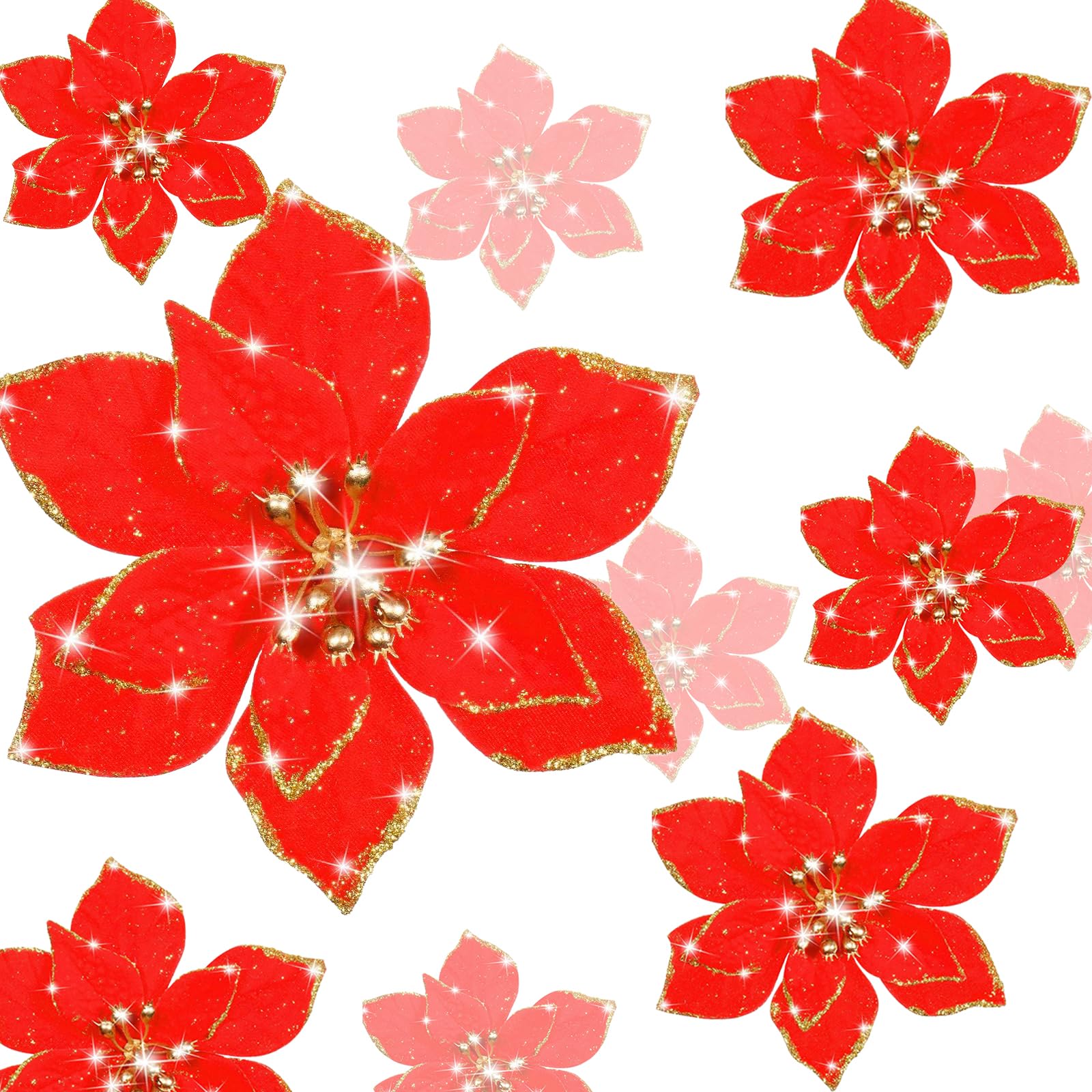 Yuknees 30Pcs Poinsettia Artificial Flowers Christmas Tree Decoration 6" Xmas Tree Ornaments Glitter Flowers for Wedding Party Christmas Decorations (Red)