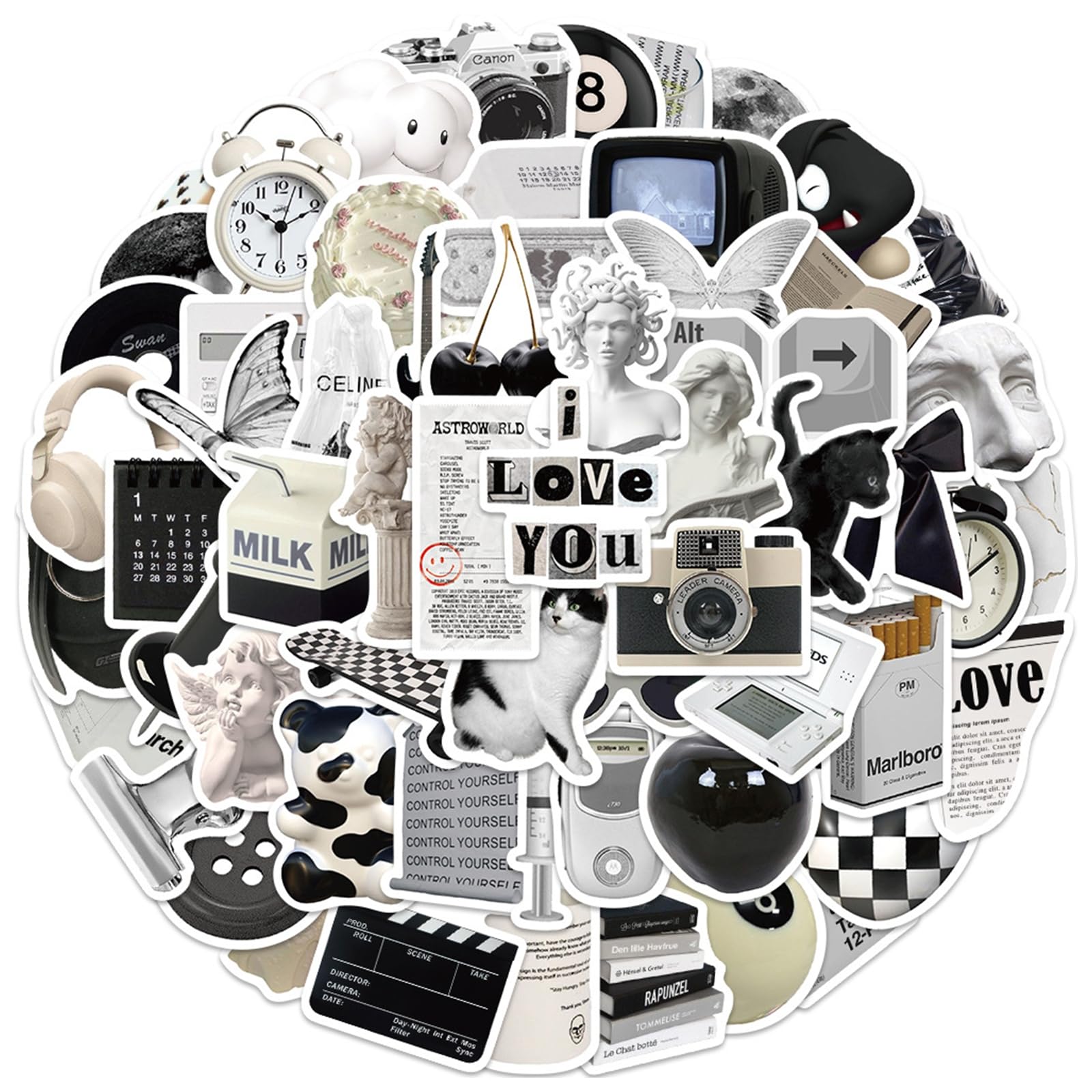 GGTTNRT 61Pcs Laptop Stickers Scrapbook Stickers, Stickers Aesthetic Personalized Vintage Black and White Sticker, for Computer Phone Journal Skateboard Cups, Adults Children (Black and White)