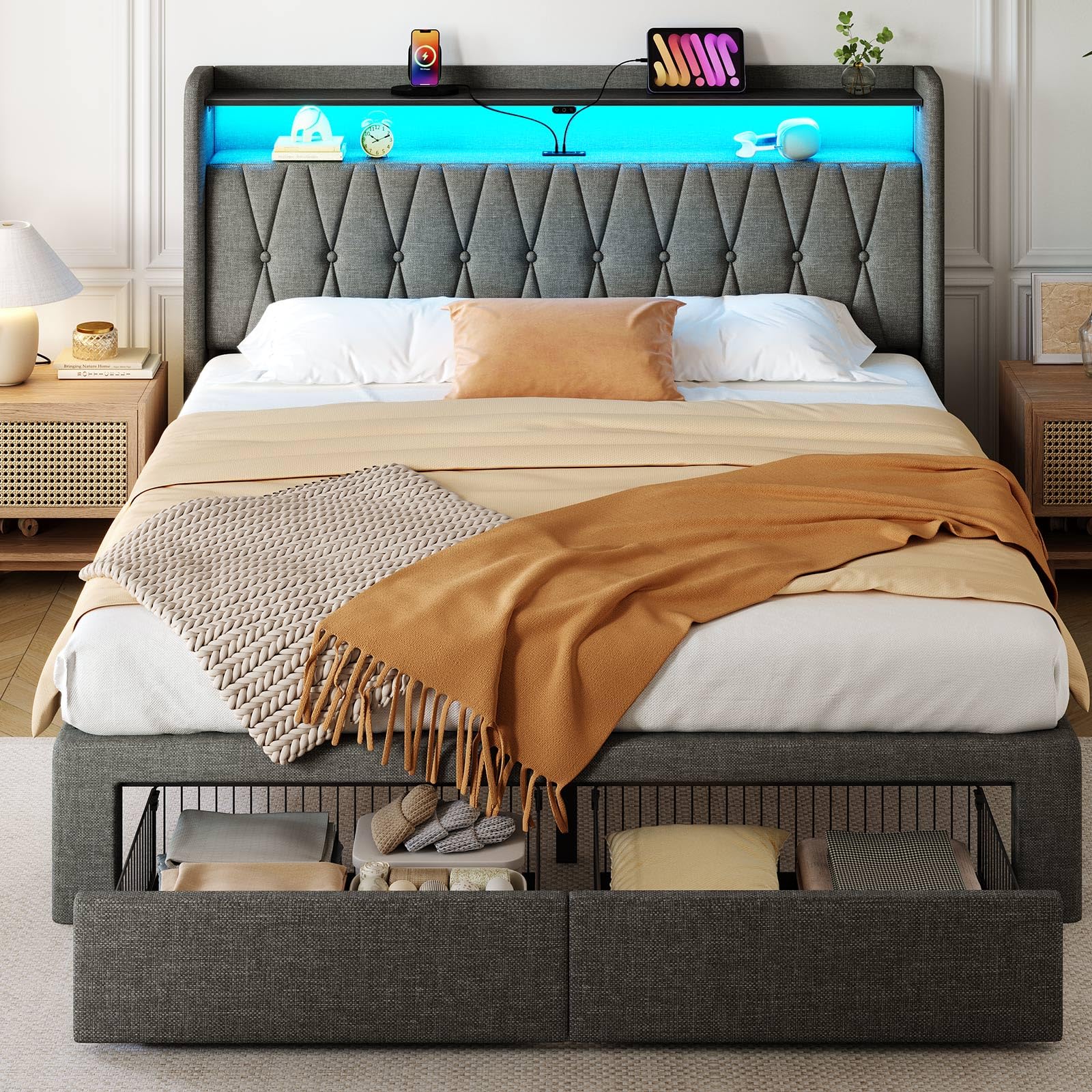 Rolanstar Queen Bed Frame with Drawers, Storage Headboard with Charging Station and LED Lights, Upholstered Bed with Heavy Duty Wood Slats, No Box Spring Needed, Noise Free, Easy Assembly, Dark Grey Image