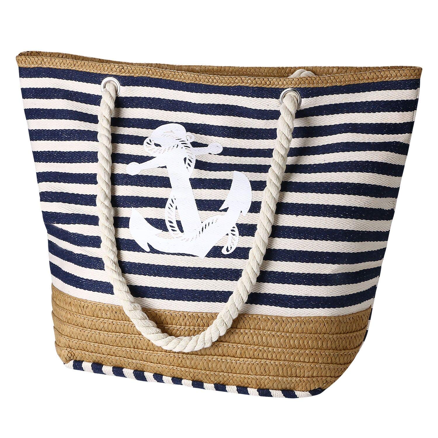 flintronic Women Beach Bag | Canvas Travel Tote Bag | Large Shoulder Bag with Rope Handle for Beach, Holiday, Shopping, Traveling (45cm*32cm*14cm) Anchor Pattern Design (Blue)