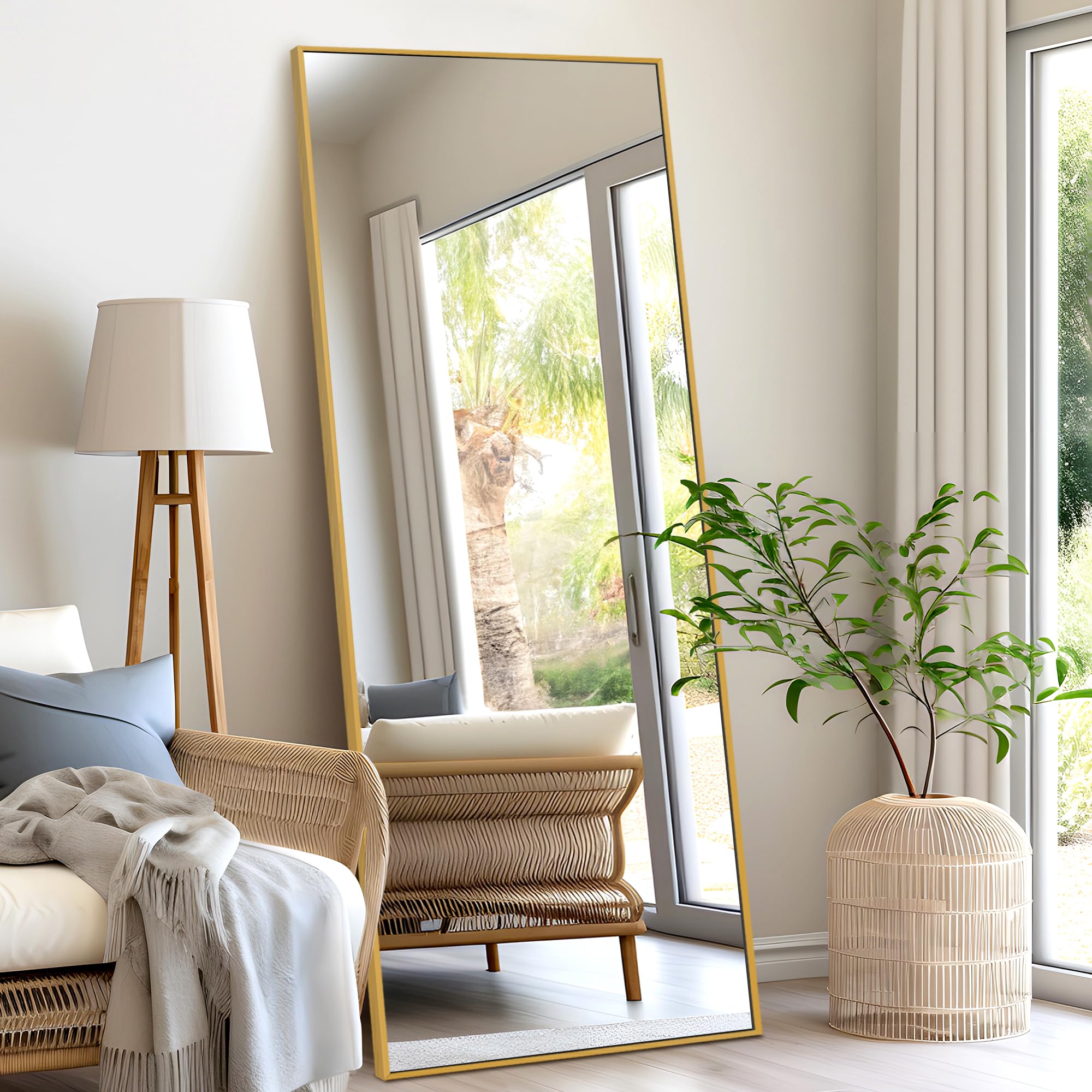 NeuType Full Length Floor Mirror Standing Hanging or Leaning Against Wall, Large Rectangle Bedroom Dressing Mirror Wall-Mounted, Aluminum Alloy Thin Frame, 65"x22" Image