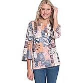 MULTIPLES Womens Three Quarters Flare Sleeves Drop Shoulder Scoop Neck Hi-Low Top