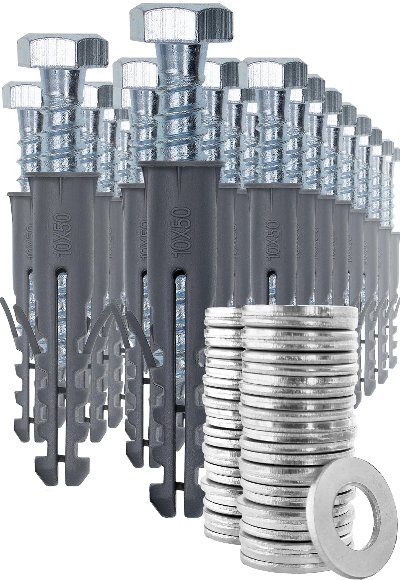 1STec 50 x M10 x 50 mm Strong Galvanised Satellite Anchor Nylon Mungo Wall Plug + Heavy Duty Coach Screw with 13mm HEX Bolt Head for Fixing Aerial Mast Sky Dishes TV Mount Brackets Shelving Racking