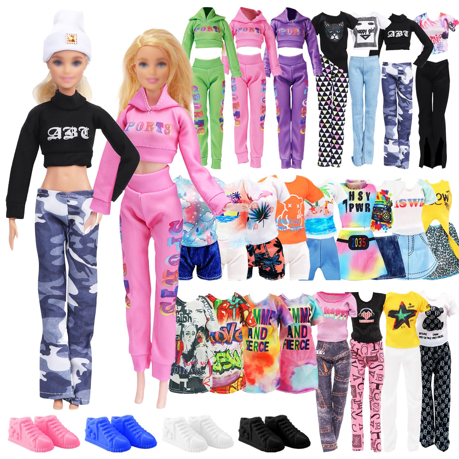 22 Pcs Doll Clothes and Accessories, 1 Hooded Sweatshirt 9 T-shirt 2 Short Skirts 4 Shorts 1 Long Pants 4 Flats 1 Hat, American Street Outfits 11.5 inch, Girl Gifts in Random