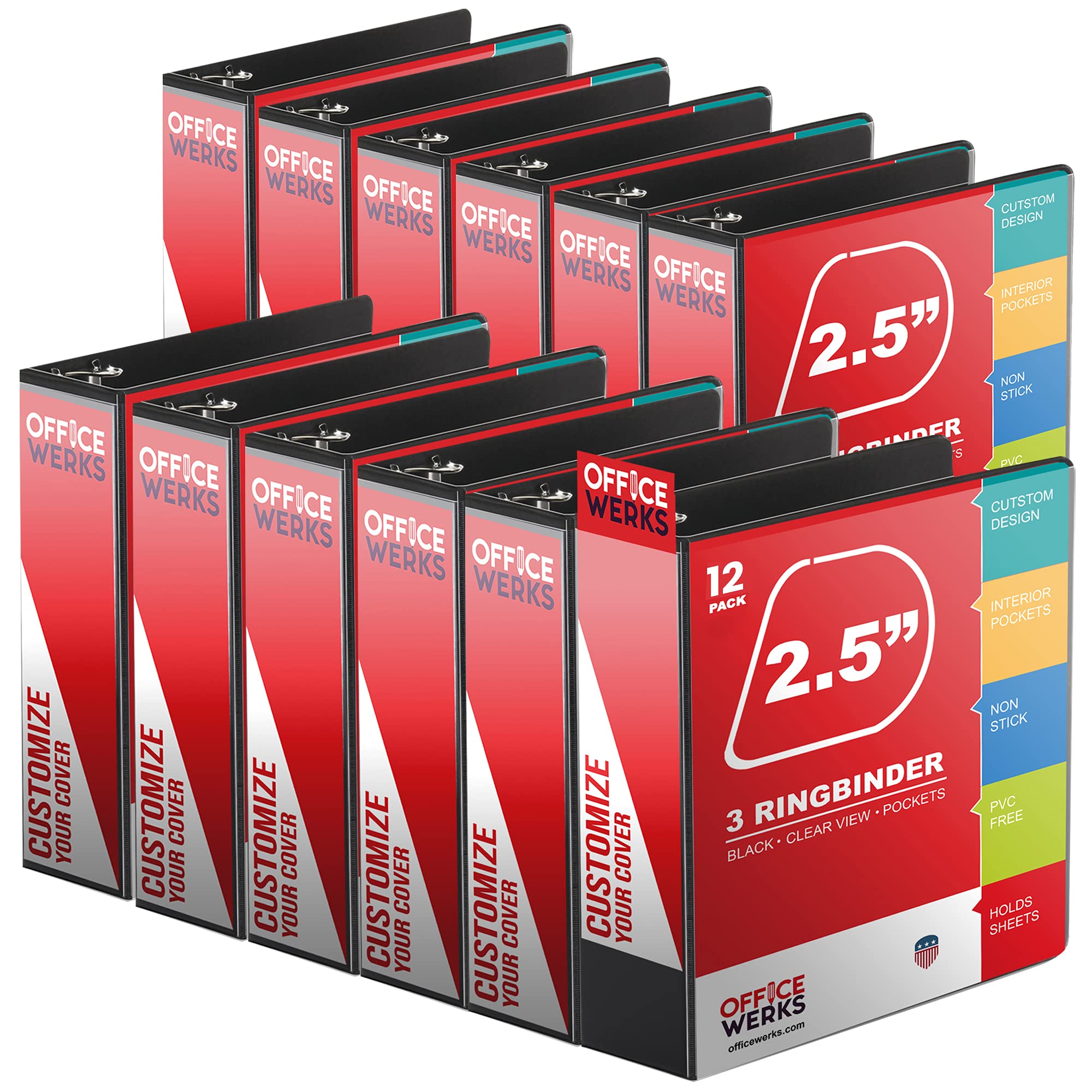 Photo 1 of 12 Pack of 2.5 Inch 3 Ring Binder with Locking Angle D Rings, Professional Heavy Duty Large Storage Binder with Pockets, Fits 8.5 x 11 Inch Sheets, Non-Stick Clear View Cover, Customizable, Black