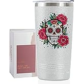 Onebttl Sugar Skull Gifts for Women, Day of the Dead, 20 oz Travel Tumbler with Lid, Brush, and Straw, Mexican Gifts, Silver Glitter