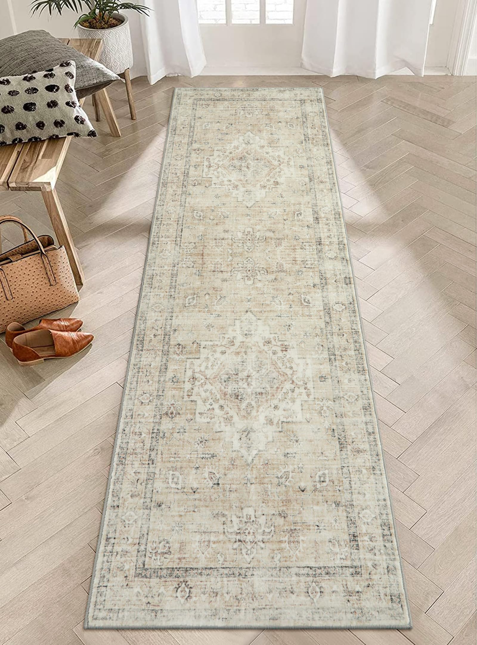 Photo 1 of LIVEBOX Washable 2.5x8 Runner Rugs for Entryway Bathroom, Boho Kitchen Floor Mats Long Rug Runners for Hallways Non Slip, Farmhouse Low-Pile Carpet Runners for Laundry Room, Tan