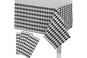 PEIKING 3pcs Black White Checkered Tablecloths Halloween, Rectangle Plastic Gingham Table Cover 54x108in Halloween Decor Harlequin Collection Wonderland Tea Party Supplies for Camping Picnic Birthday Party
