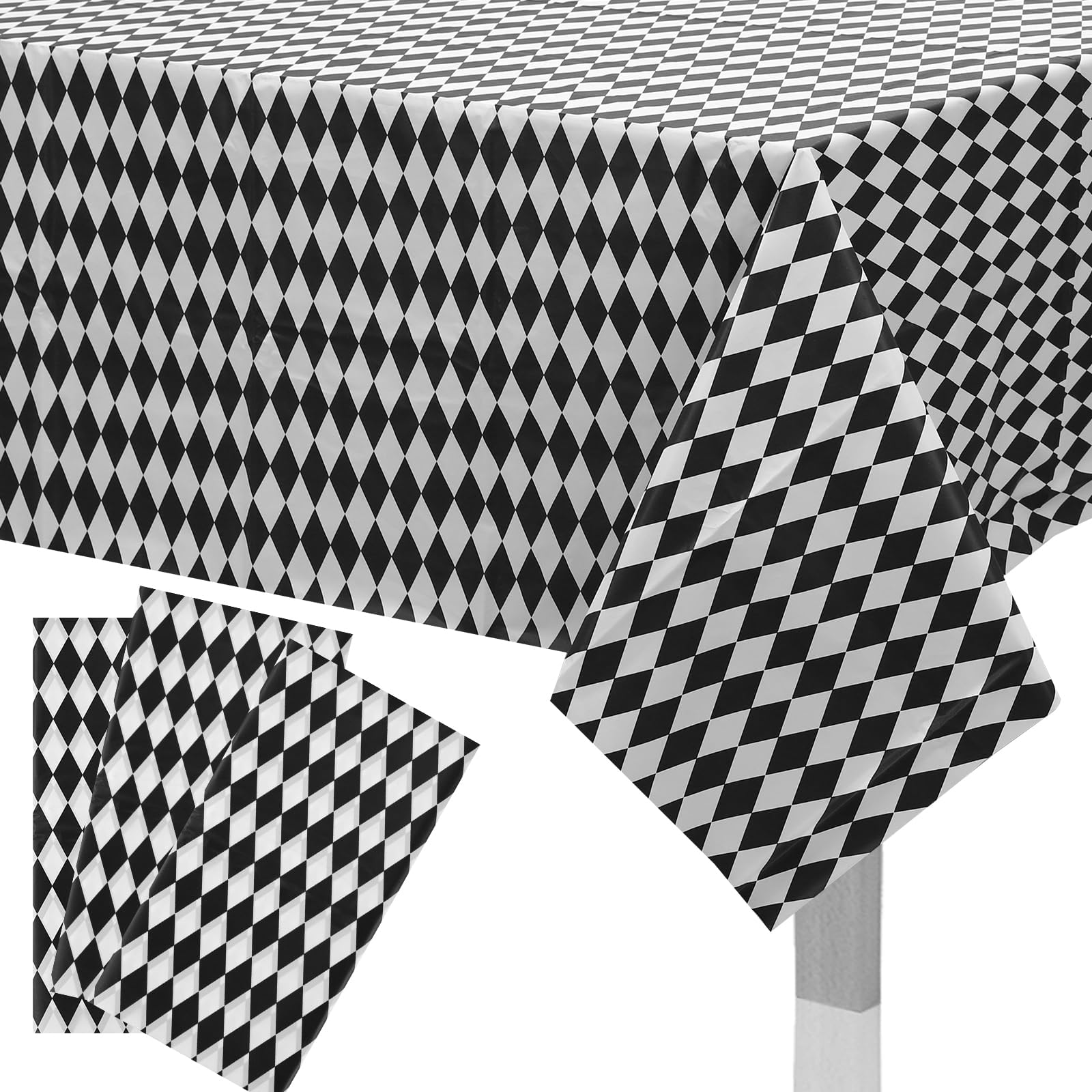 Photo 1 of 3pcs Black White Checkered Tablecloths, Rectangle Plastic Gingham Table Cover 54x108in for Halloween Harlequin Collection Wonderland Tea Party Supplies for Camping Picnic Wedding Birthday Party