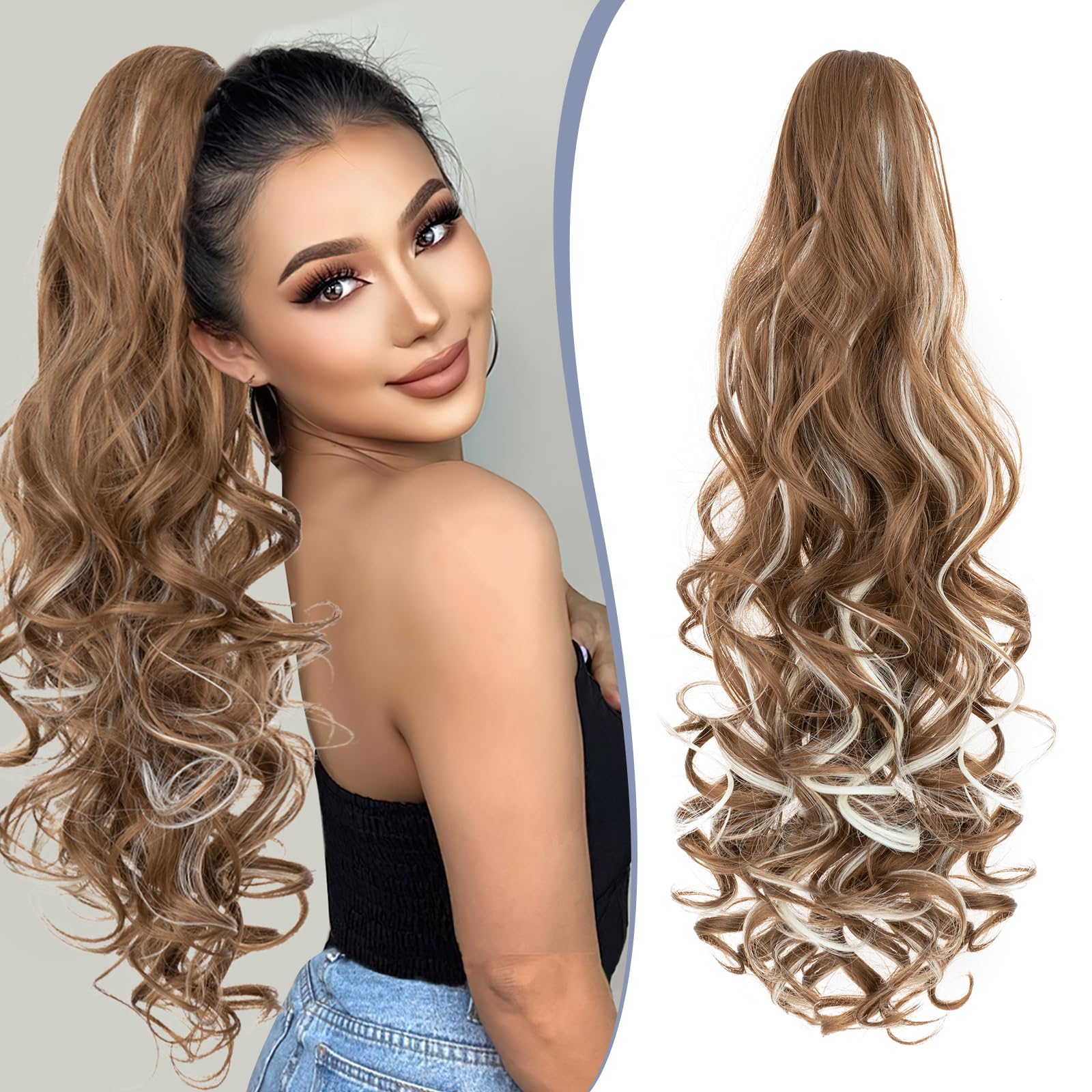 TESS 24'' Curly Ponytail Extensions, 210g Claw in Long Ponytail Extension, Hair Pieces for Women, Golden Brown With Beige Highlighted — image 1