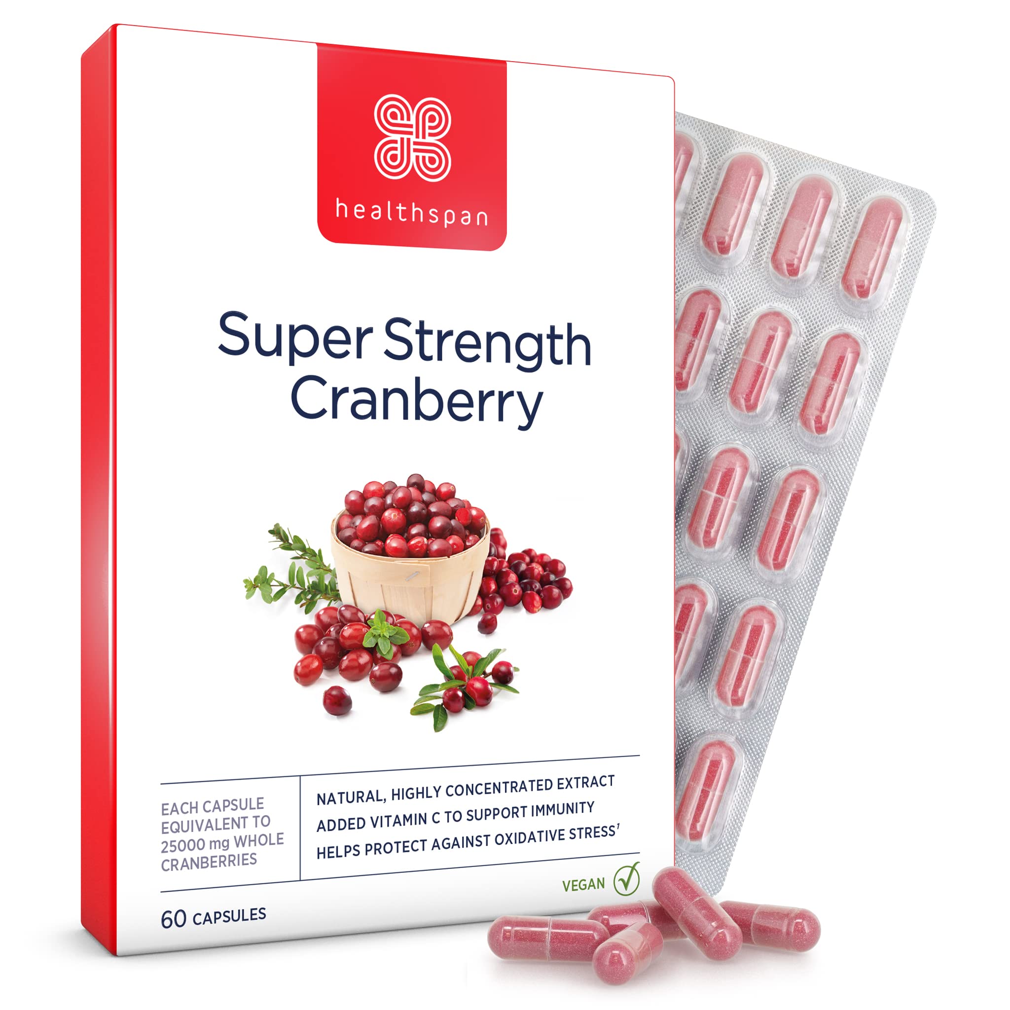 Healthspan Super Strength Cranberry (60 Capsules) | for Immune Health and Wellbeing | Equivalent to 25000 mg Whole Fresh Cranberries | Highly Concentrated Formulation | Added Vitamin C | Vegan