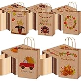 Yeaqee 100 Pcs Fall Treat Bags with Handles - Thanksgiving & Fall Supplies - Kraft Paper Gift Bags - Pumpkin & Turkey Goodie Bags - Party Favor Bags (Classic Style)