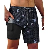 Gleeease 7inch Mens Swim Trunks with Compression Liner Swim Shorts | Mens Bathing Suit Quick Dry No-Chafe 2 in 1 Stretch Drawstring Elastic Waistband Board Shorts Beach Volleyball Surf Fishing