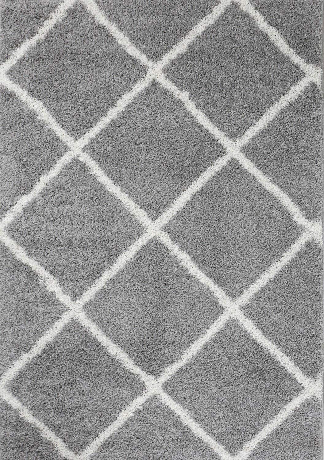 BPIL Shaggy Rug with Trellis Design - Soft Touch, Thick 5cm Fluffy Pile, Non-Shedding Area Rug for Living Room, Bedroom, Pet-Friendly (Silver, 80 x 150 cm)