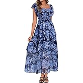 Simplee Womens Floral Wedding Guest Dress Spring Summer 2026 Chiffon Boho Off Shoulder Smocked Tiered Flowy Maxi Dresses