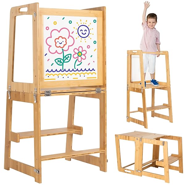 TODDLER TOWER – TODDLER STOOL FOR KITCHEN – 3-IN-1 TODDLER KITCHEN STEP STOOL – FOLDABLE TODDLER TOWER FEATURES: TABLETOP, STEP STOOL LADDER, AND WHITEBOARD WITH INCLUDED MARKERS AND DRY ERASER