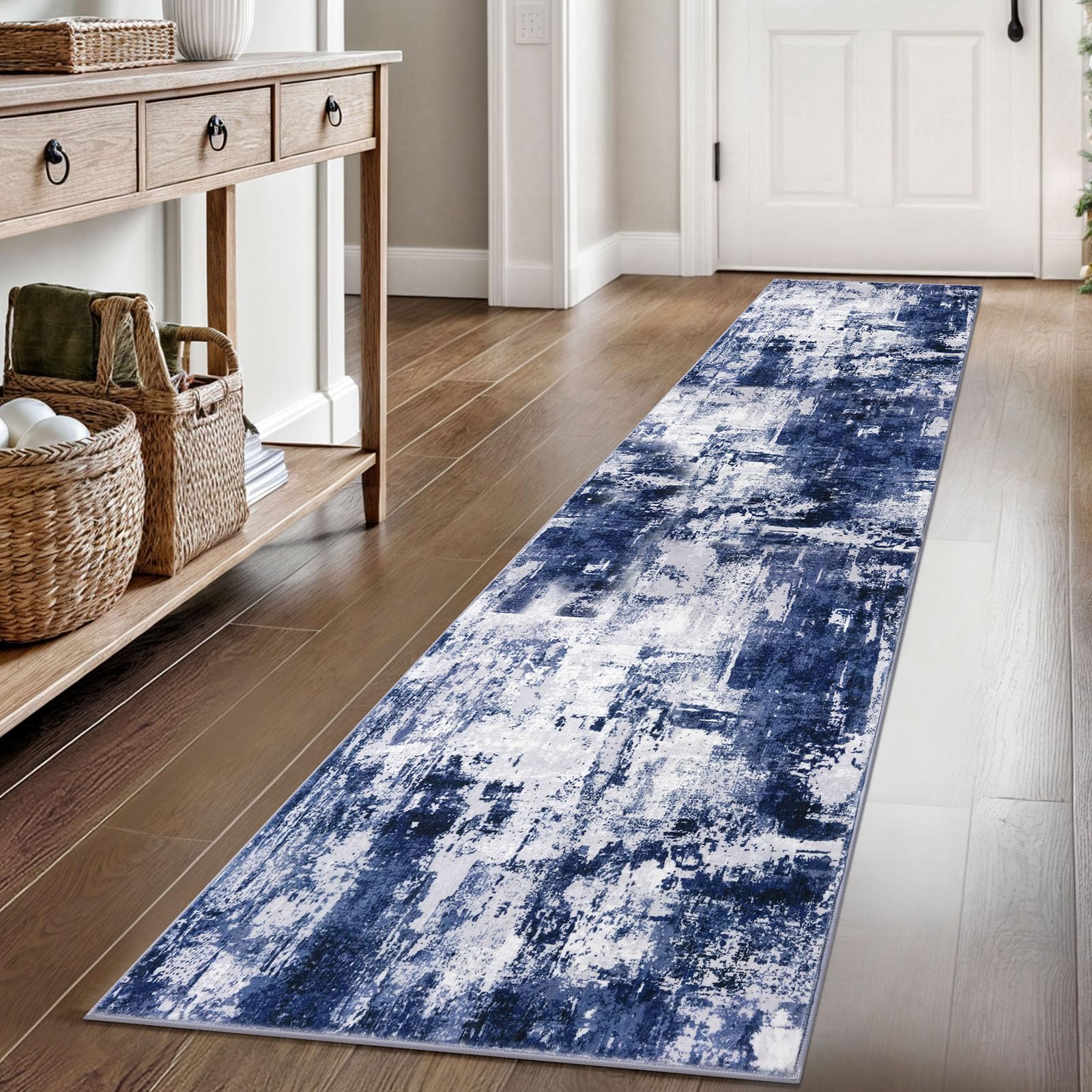 Photo 1 of KOZYFLY Modern Abstract Rug Runner for Hallway 2x8 Navy Blue Kitchen Runner Rug Non Skid Washable Carpet Runner Laundry Room Mat Soft Fluffy Low Pile Rug for Hallway Entryway Bathroom Bedroom