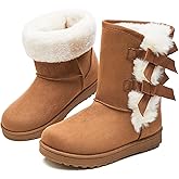 Eydram Women Winter Boots Fur Lined Fashion Mid Calf Boots for Women Warm Fuzzy Boots Comfortable Black Womens Snow Boots with Bowknot