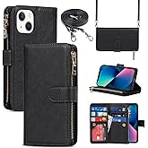 Jaorty for iPhone 13/14 Phone Case Wallet with Card Holder, Crossbody Case with Strap Shoulder Lanyard, Zipper Pocket PU Leather Purse for iPhone 13, 6.1 Inch Black