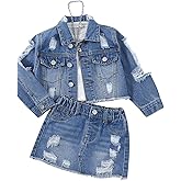 WDIRARA Girl's 2 Piece Outfit Ripped Button Front Long Sleeve Denim Jackets and Mini Skirts Set