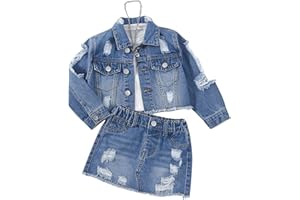 WDIRARA Girl's 2 Piece Outfit Ripped Button Front Long Sleeve Denim Jackets and Mini Skirts Set