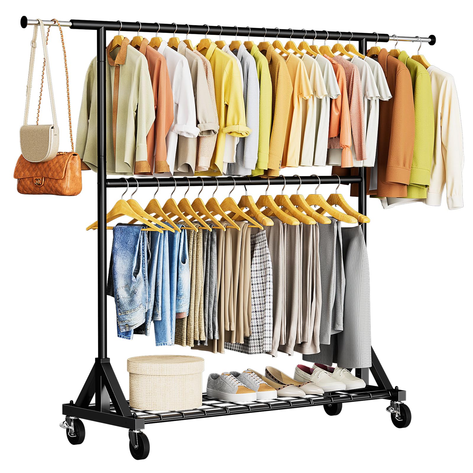 Luxspire Heavy Duty Clothes Rack Load 600 LBS, Double Rod Clothing Rack, Rolling Garment Racks with Lockable Wheels, Shelves, Adjustable Laundry Hanging Racks for Clothes, Black