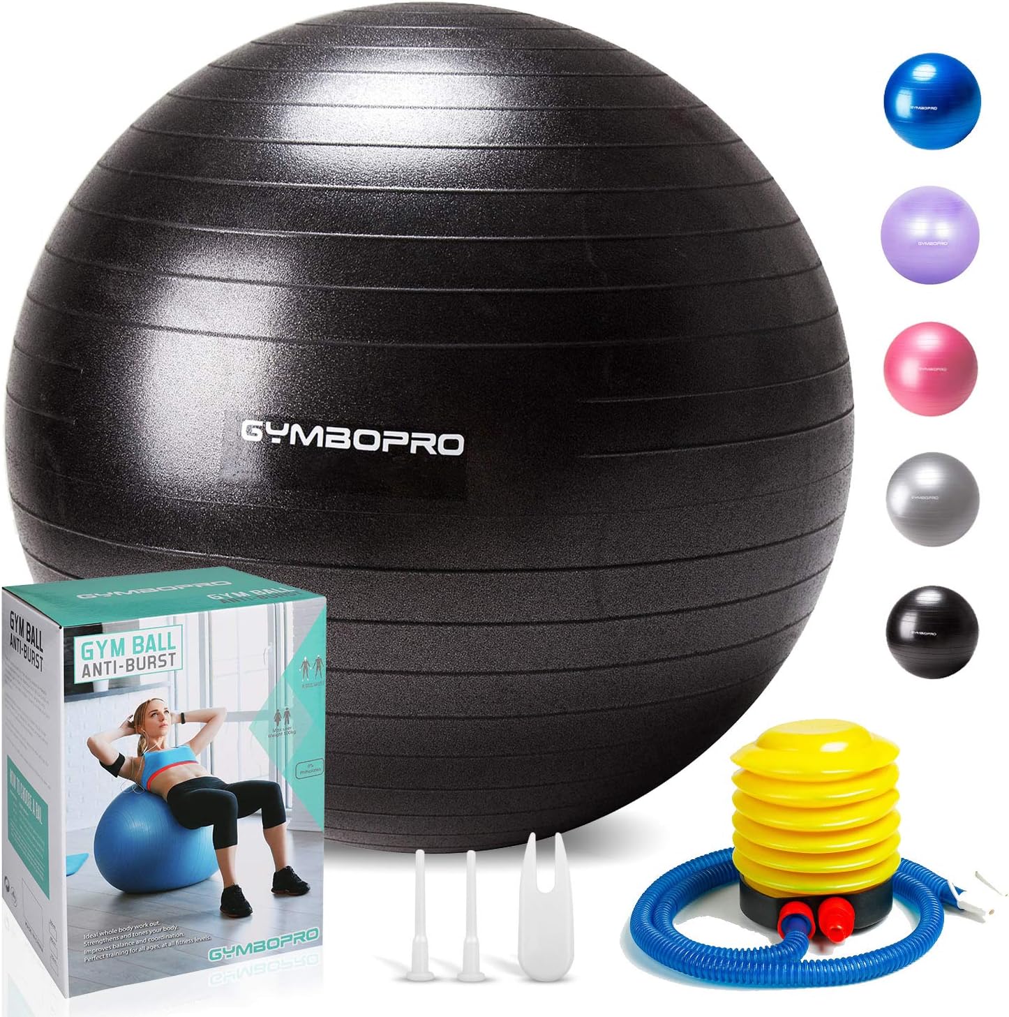 GYMBOPRO Exercise Ball 25cm/55cm/65cm/75cm with Pump,Anti-Burst & Anti-Slip Gym Ball,Yoga Ball Balance Ball for Fitness Pilates Yoga Gym