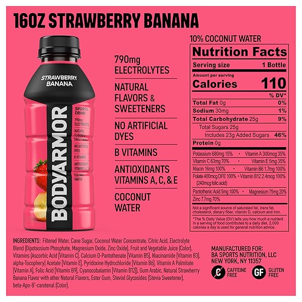 BODYARMOR SPORTS DRINK SPORTS BEVERAGE, STRAWBERRY BANANA, COCONUT WATER HYDRATION, NATURAL FLAVORS WITH VITAMINS, POTASSIUM-PACKED ELECTROLYTES, PERFECT FOR ATHLETES, 16 FL OZ (PACK OF 12)