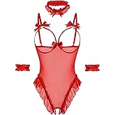 Avidlove Womens Lingerie Bodysuit 4 Piece Set Sheer Mesh Teddy Babydoll with Detachable Collar and Wrist Cuffs