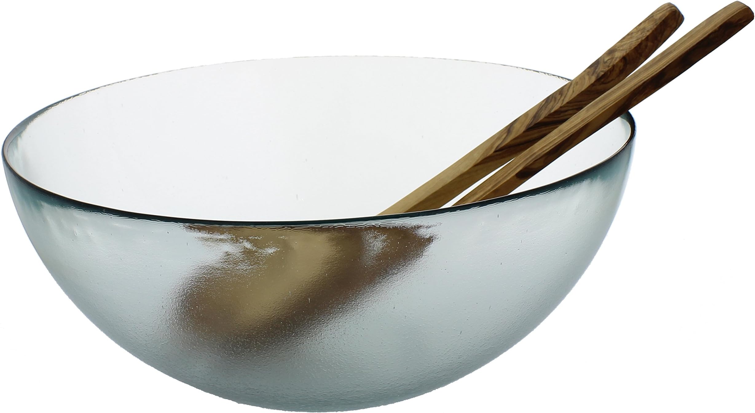 French Home Recycled Glass Urban Salad Bowl Set — 12" x 4" Salad Bowls — 12" Salad Servers — Kitchen Set for Dinner Table — Color Clear/Olive Wood
