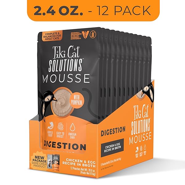TIKI CAT SOLUTIONS DIGESTION MOUSSE, CHICKEN & EGG RECIPE IN BROTH, FORMULATED TO SUPPORT HEALTHY DIGESTION, FUNCTIONAL WET CAT FOOD, 2.4 OZ. POUCH (12 COUNT)