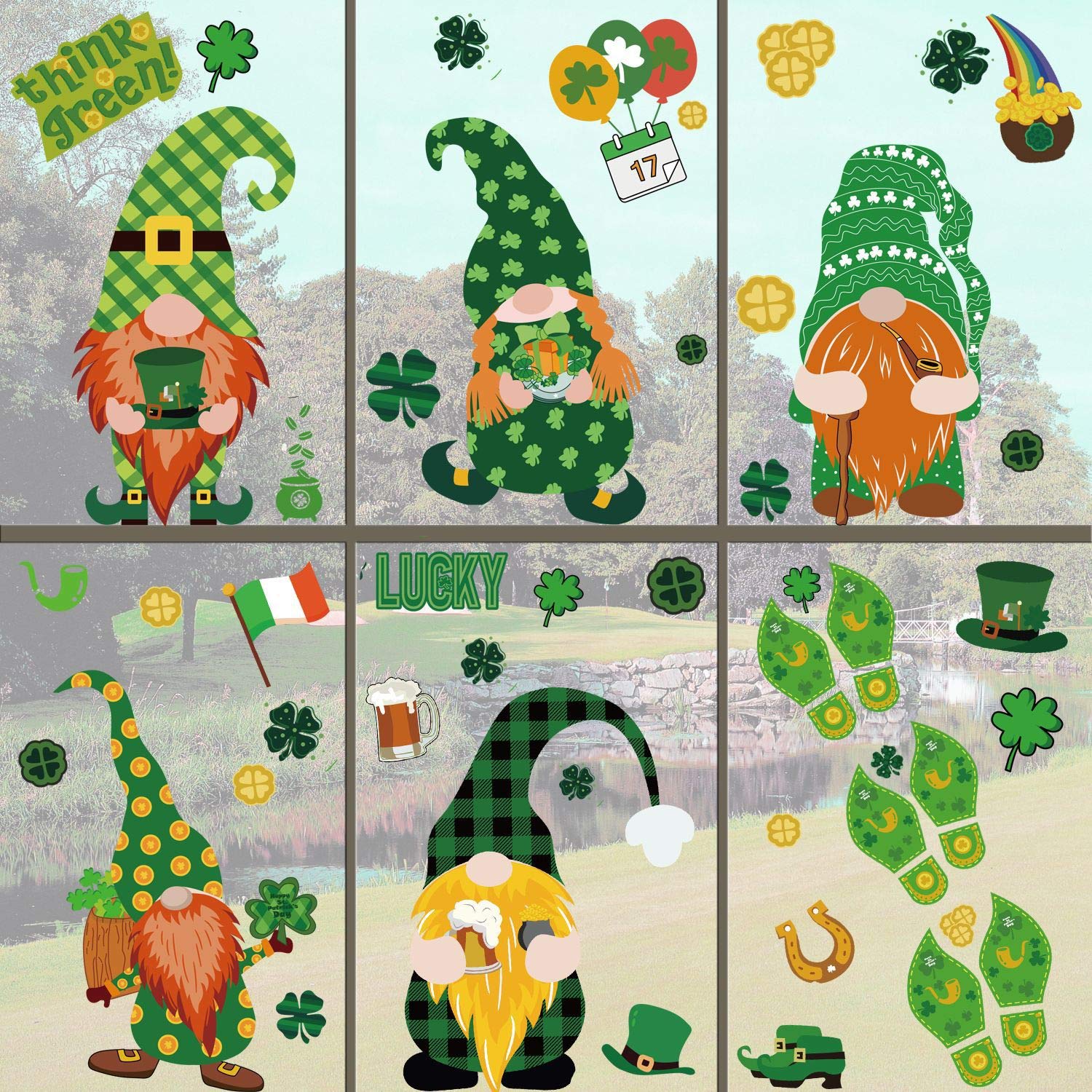 St Patricks Day Stickers, 122pcs St Patrick's Day Window Clings Static Stickers,Shamrock Window Stickers,Green Gnome Windows Clings,Clover,Leprechaun Window Decorations (9Sheets)