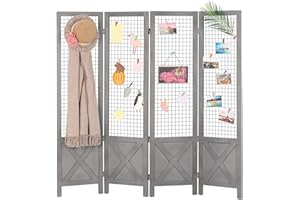 Wnutrees 4 Panel Gridwall Display, Portable Freestanding Display Board for Craft/Art Shows, Retail, Events, Decorative Wood Room Divider Folding Screens, Grey